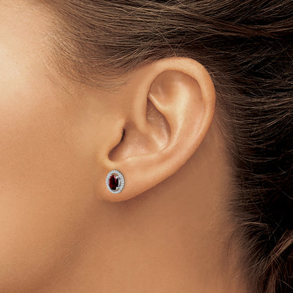 Sterling Silver Rhodium-Plated Garnet Oval Post Earrings