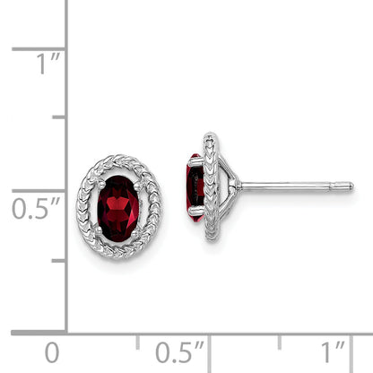 Sterling Silver Rhodium-Plated Garnet Oval Post Earrings
