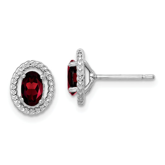 Sterling Silver Rhodium-Plated Garnet Oval Post Earrings