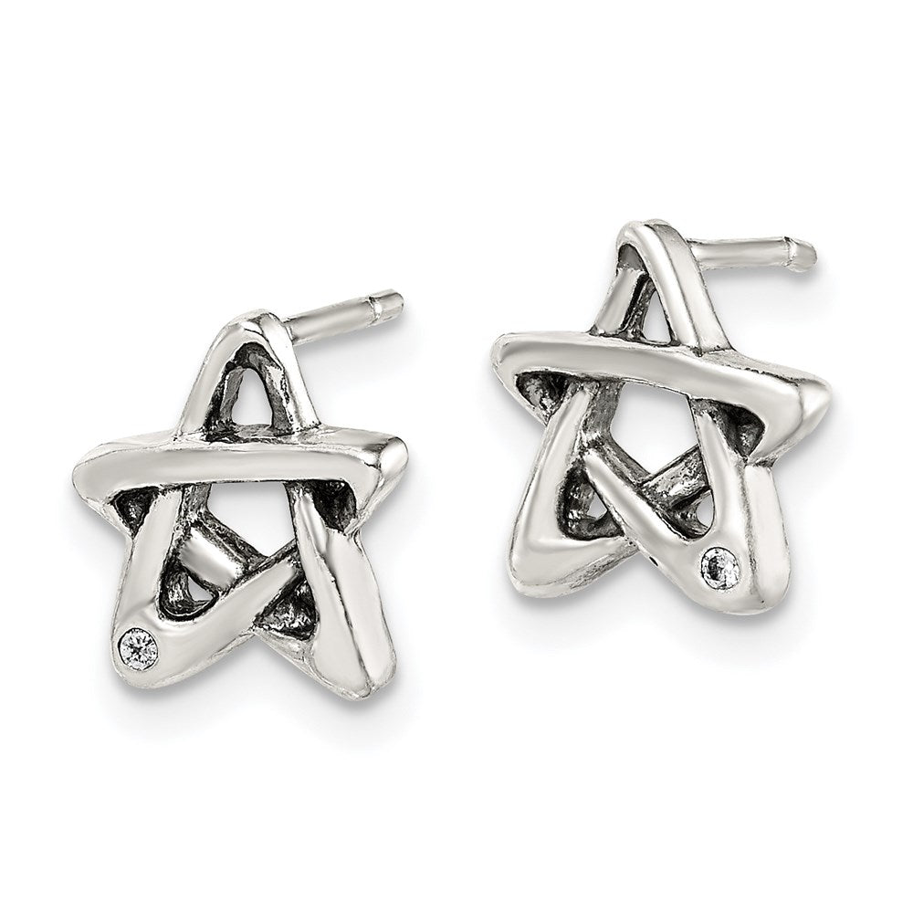 Sterling Silver Cz Antiqued Star Earrings