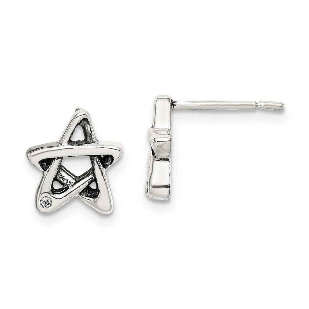 Sterling Silver Cz Antiqued Star Earrings