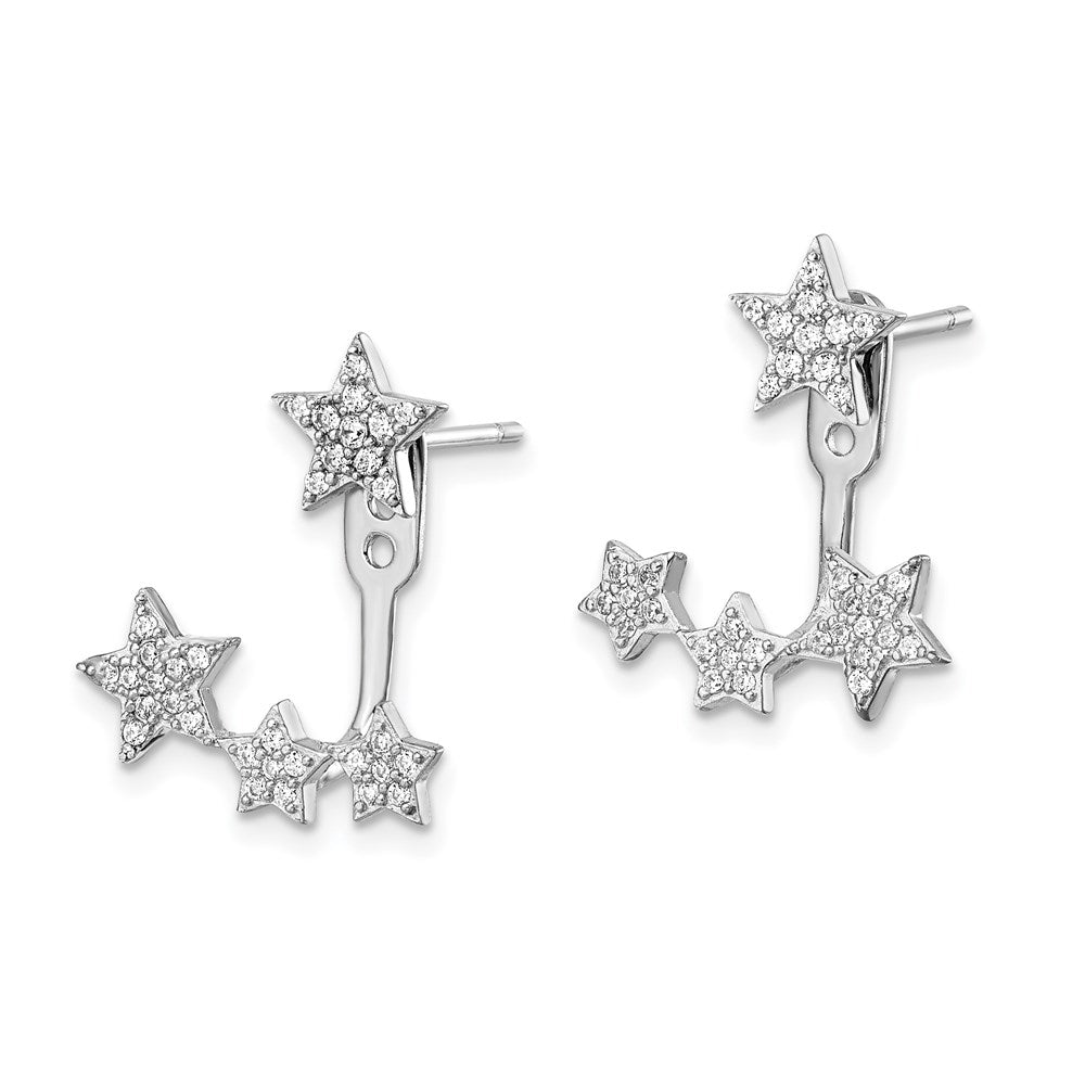 Sterling Silver Rhodium-Plated Cz Stars Front & Back Post Earrings