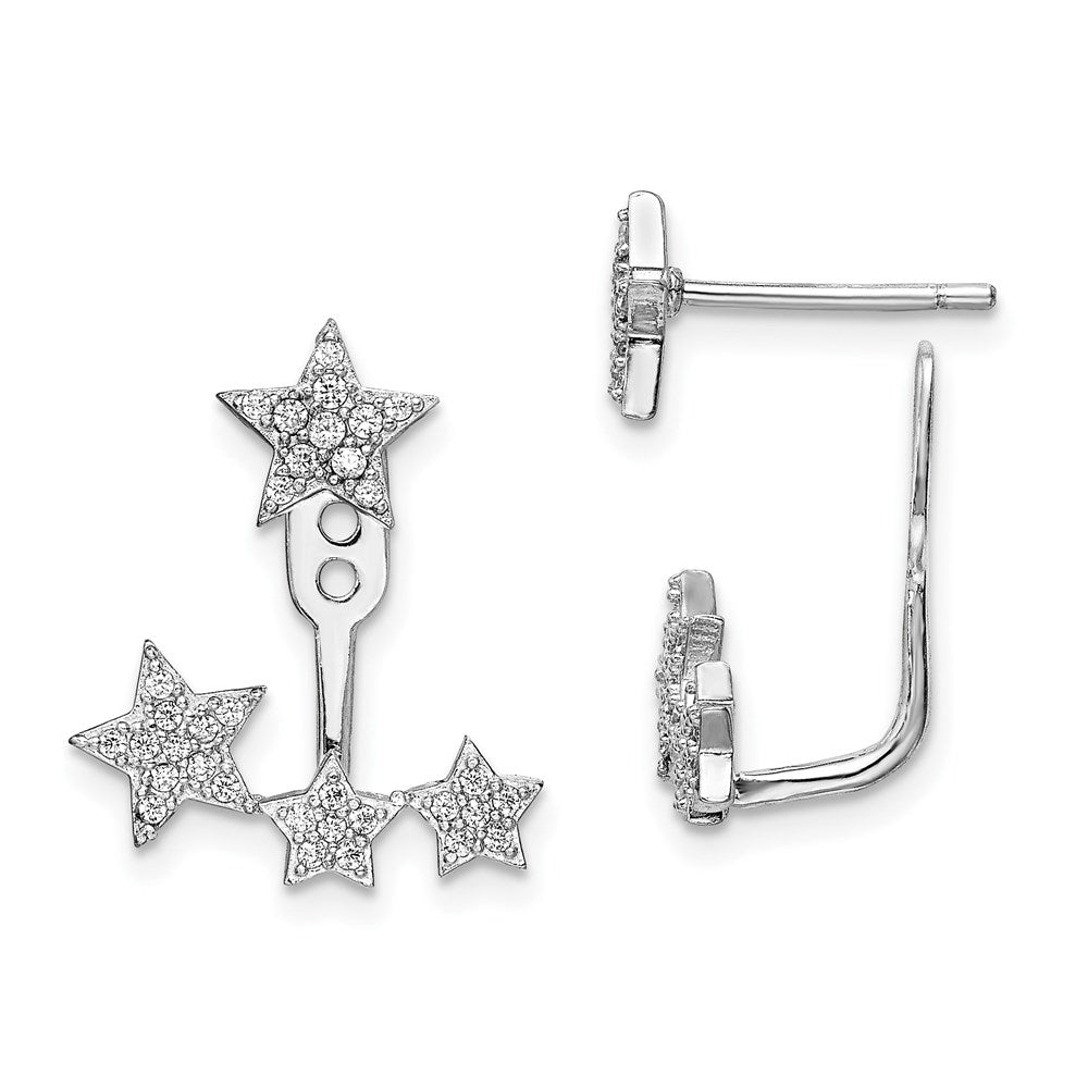 Sterling Silver Rhodium-Plated Cz Stars Front & Back Post Earrings