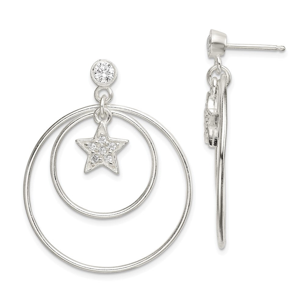 Sterling Silver Polished Cz Star Orbiting Circles Drop Post Earrings