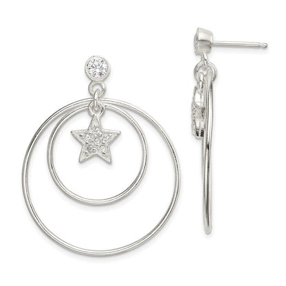 Sterling Silver Polished Cz Star Orbiting Circles Drop Post Earrings