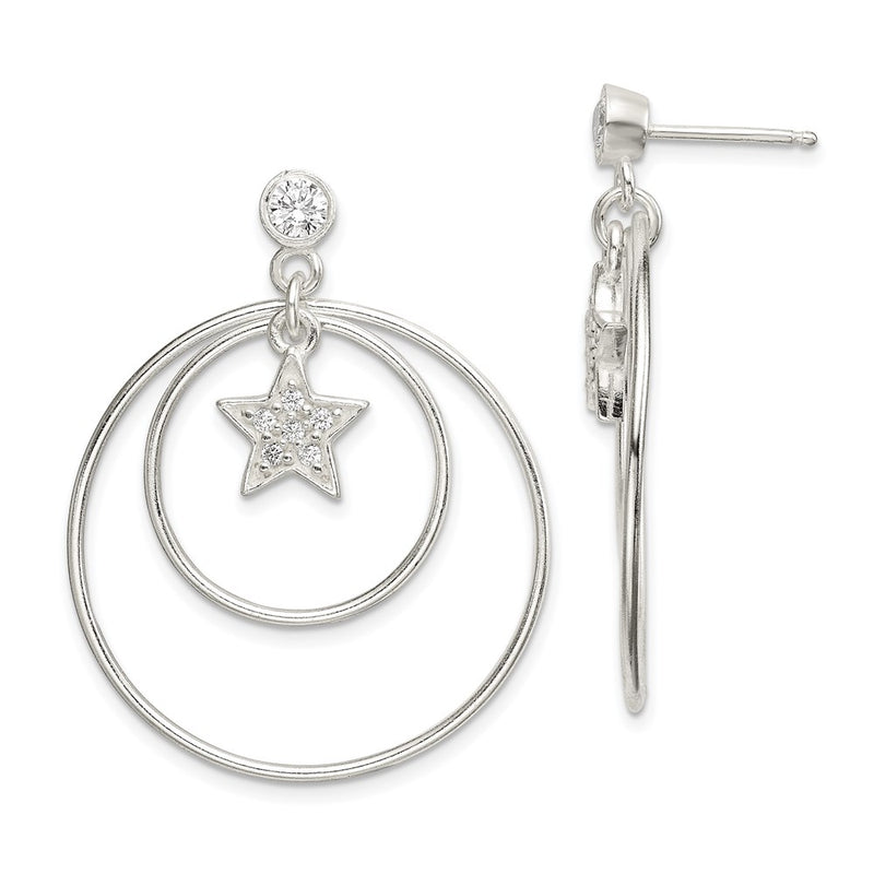 Sterling Silver Polished Cz Star Orbiting Circles Drop Post Earrings