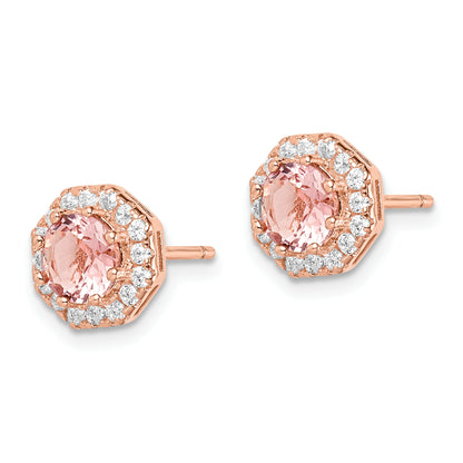 Sterling Silver Rose-Tone Polished Pink Crystal & Cz Halo Post Earrings