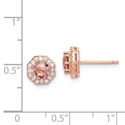Sterling Silver Rose-Tone Polished Pink Crystal & Cz Halo Post Earrings