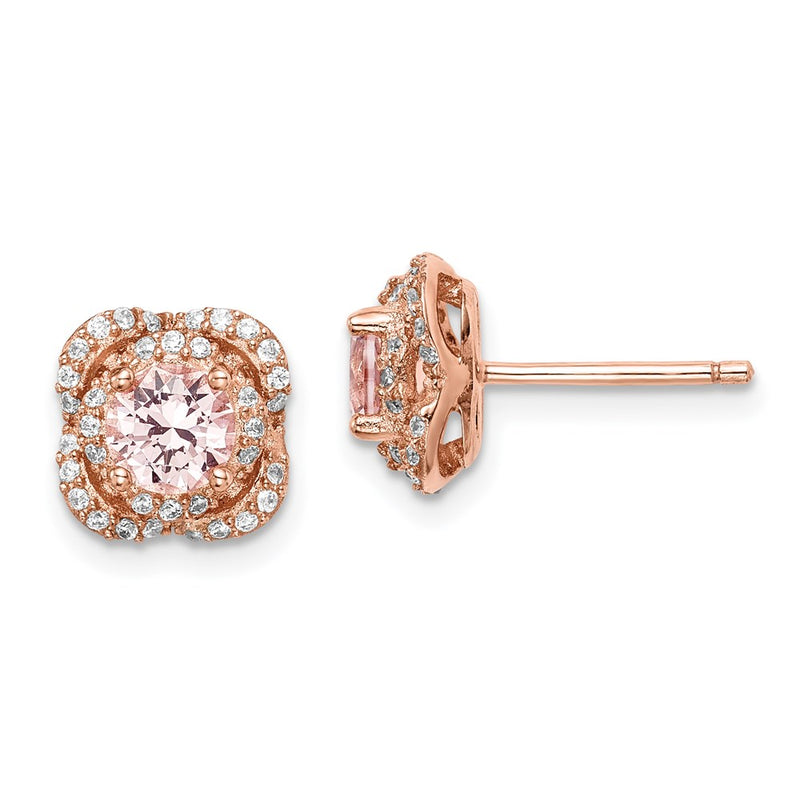 Sterling Silver Rose Gold-Plated Polished Pink Crystal & Cz Post Earrings