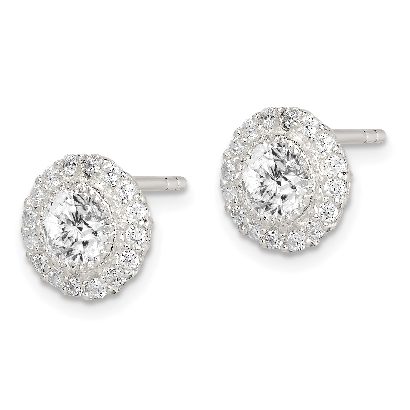 Sterling Silver Polished & Textured Cz Halo Round Post Earrings
