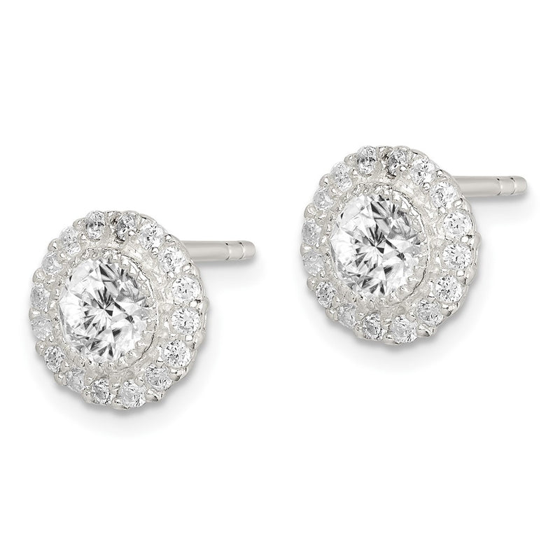 Sterling Silver Polished & Textured Cz Halo Round Post Earrings