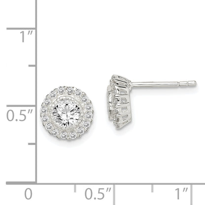 Sterling Silver Polished & Textured Cz Halo Round Post Earrings