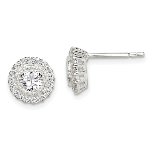 Sterling Silver Polished & Textured Cz Halo Round Post Earrings