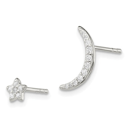 Sterling Silver Polished Cz Moon And Star Post Earrings