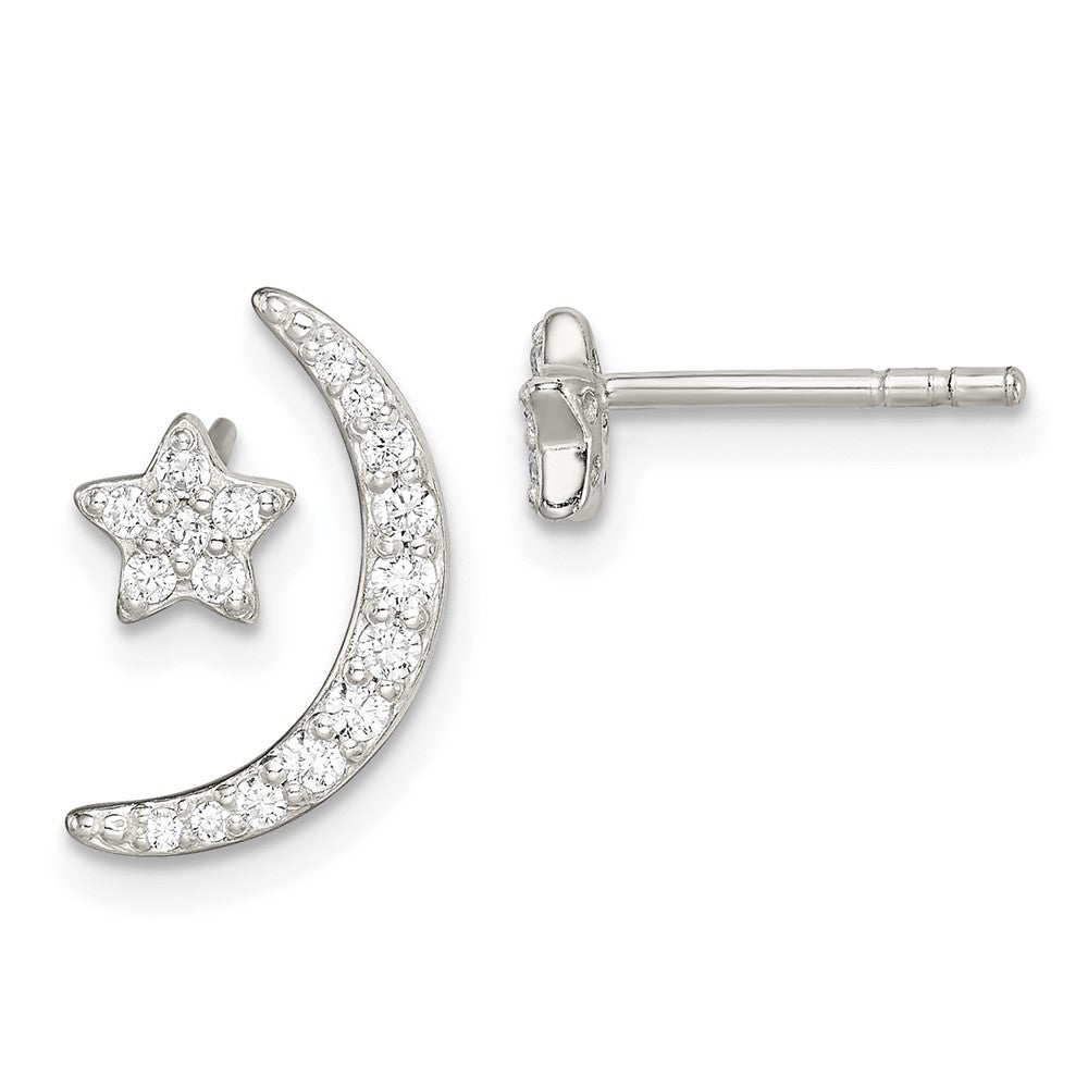 Sterling Silver Polished Cz Moon And Star Post Earrings