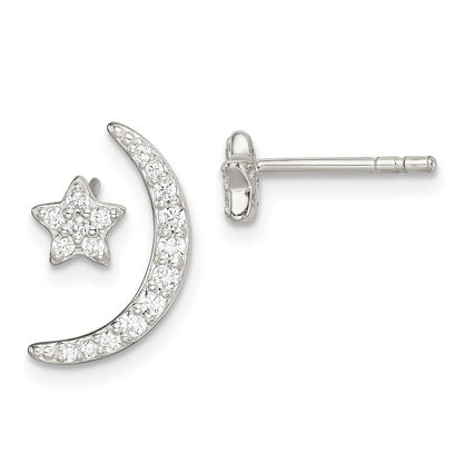 Sterling Silver Polished Cz Moon And Star Post Earrings