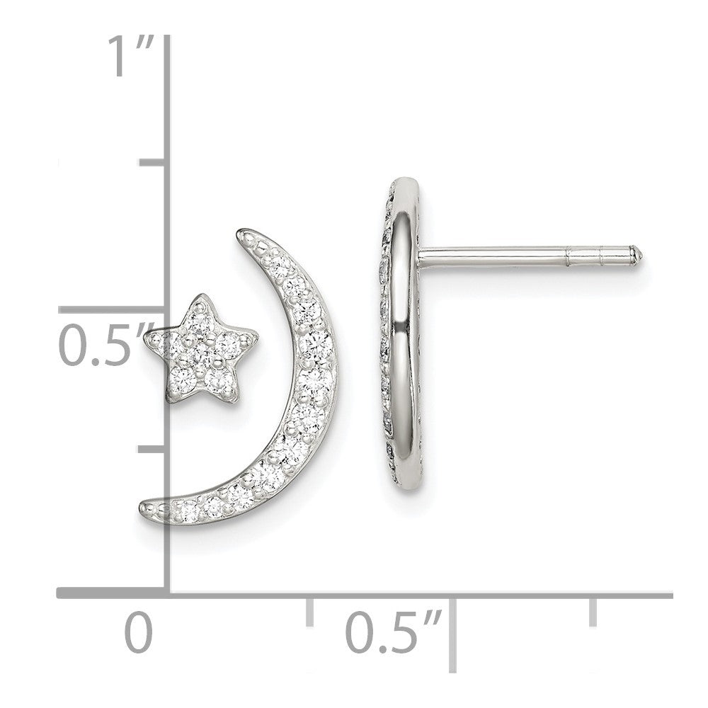 Sterling Silver Polished Cz Moon And Star Post Earrings
