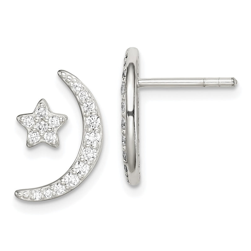Sterling Silver Polished Cz Moon And Star Post Earrings