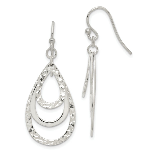 Sterling Silver Polished & Diamond-Cut Triple Teardrop Dangle Earrings
