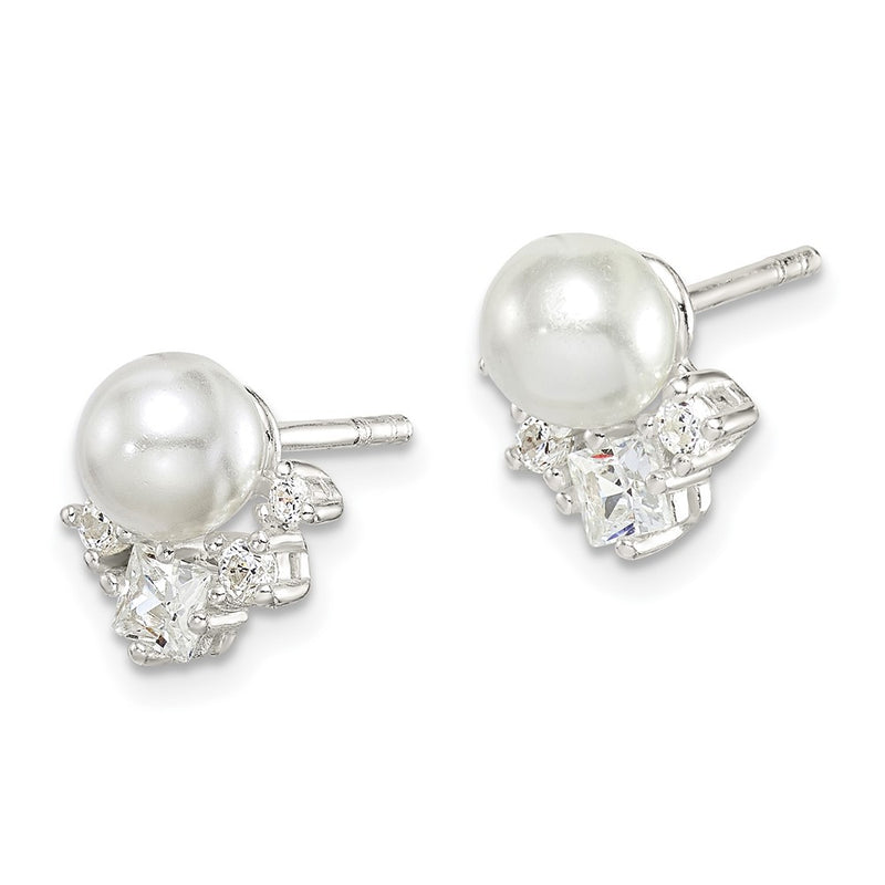 Sterling Silver Cz And Glass Pearl Post Earrings