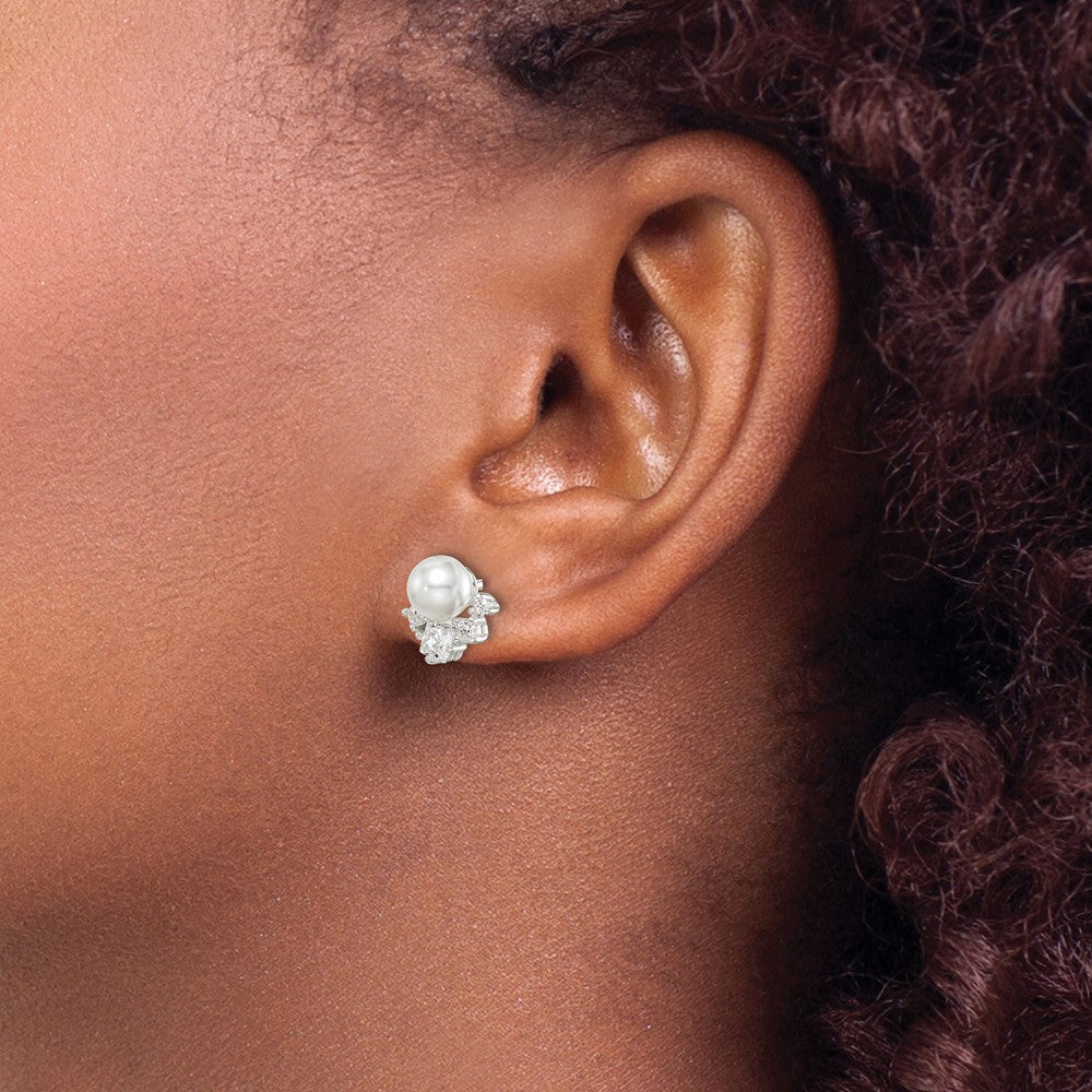Sterling Silver Cz And Glass Pearl Post Earrings