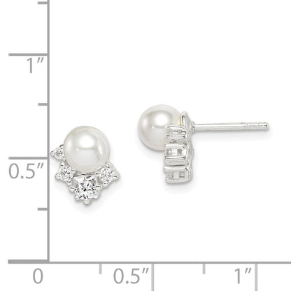 Sterling Silver Cz And Glass Pearl Post Earrings