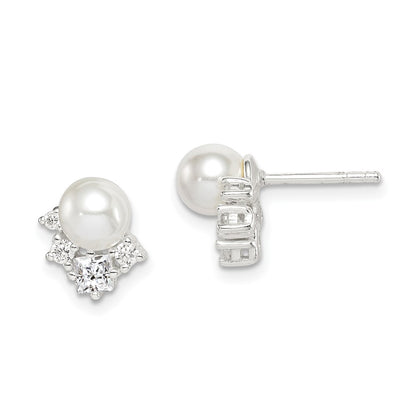 Sterling Silver Cz And Glass Pearl Post Earrings