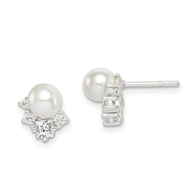 Sterling Silver Cz And Glass Pearl Post Earrings