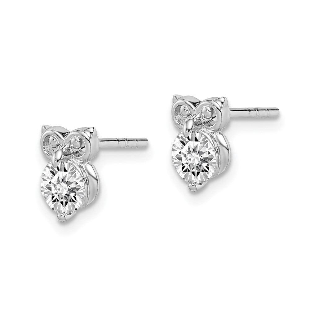 Sterling Silver Rhodium Plated Cz Owl Earrings