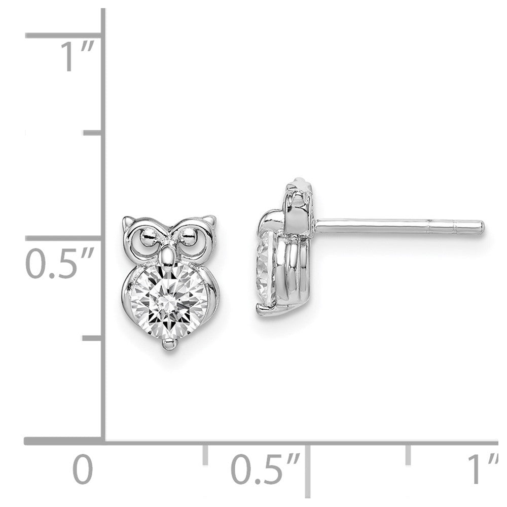 Sterling Silver Rhodium Plated Cz Owl Earrings