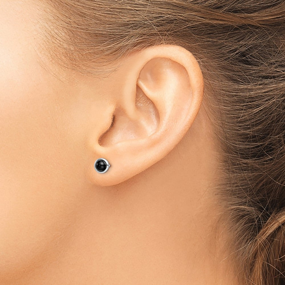 Sterling Silver Rhodium-Plated Polished Onyx Round Bezel Stud Earrings