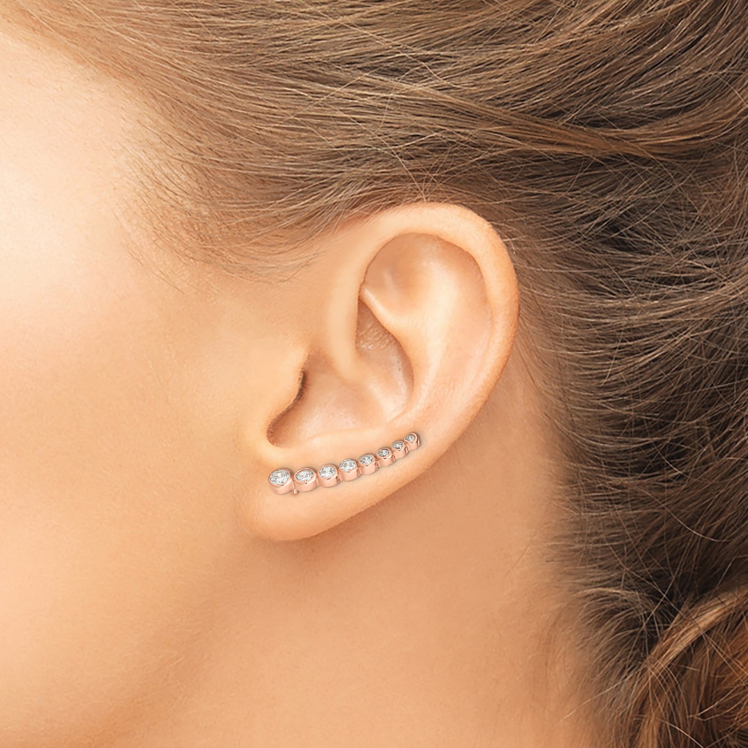 Ss/Rose Plated Sterling Silver Rose-Tone Polished Graduated Cz Ear Climber Earrings