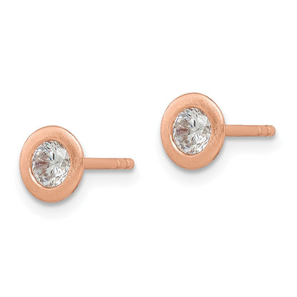 Sterling Silver Rose-Tone Brushed Cz Post Earrings