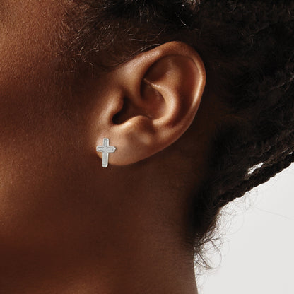 Sterling Silver Polished Glitter Infused Latin Cross Post Earrings