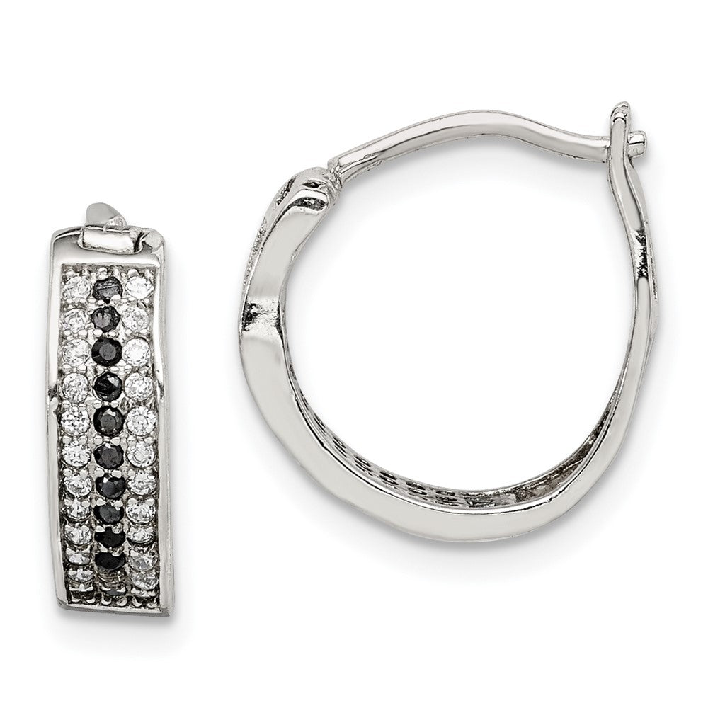 Sterling Silver Rh-Pltd Polished Black/White Cz 4mm Round Hoop Earrings