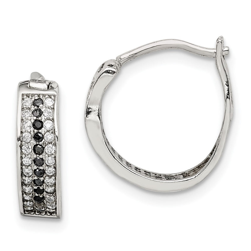 Sterling Silver Rh-Pltd Polished Black/White Cz 4mm Round Hoop Earrings