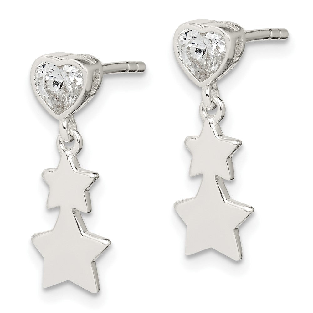 Sterling Silver Cz Heart And Stars Dangle Post Earrings