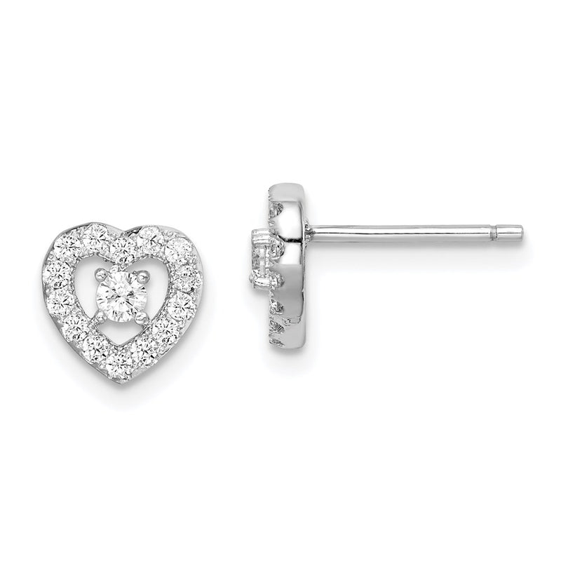 Sterling Silver Rhodium-Plated Cz Heart Post Earrings