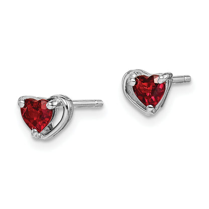 Sterling Silver Rhod-Plated Garnet Heart Post Earrings