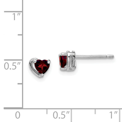 Sterling Silver Rhod-Plated Garnet Heart Post Earrings