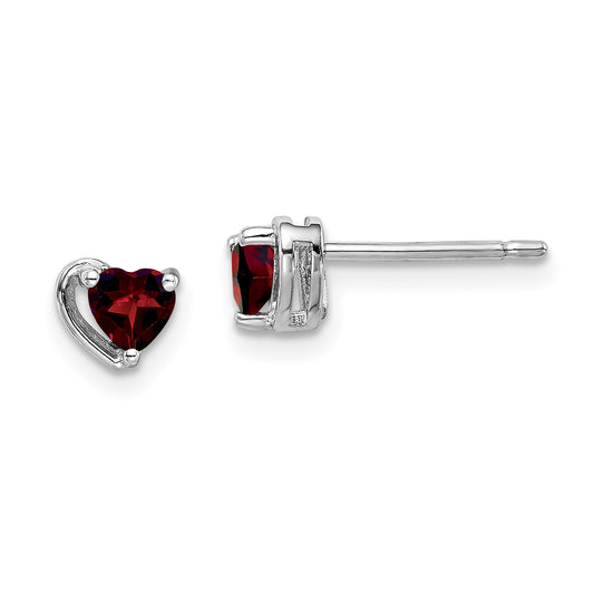 Sterling Silver Rhod-Plated Garnet Heart Post Earrings