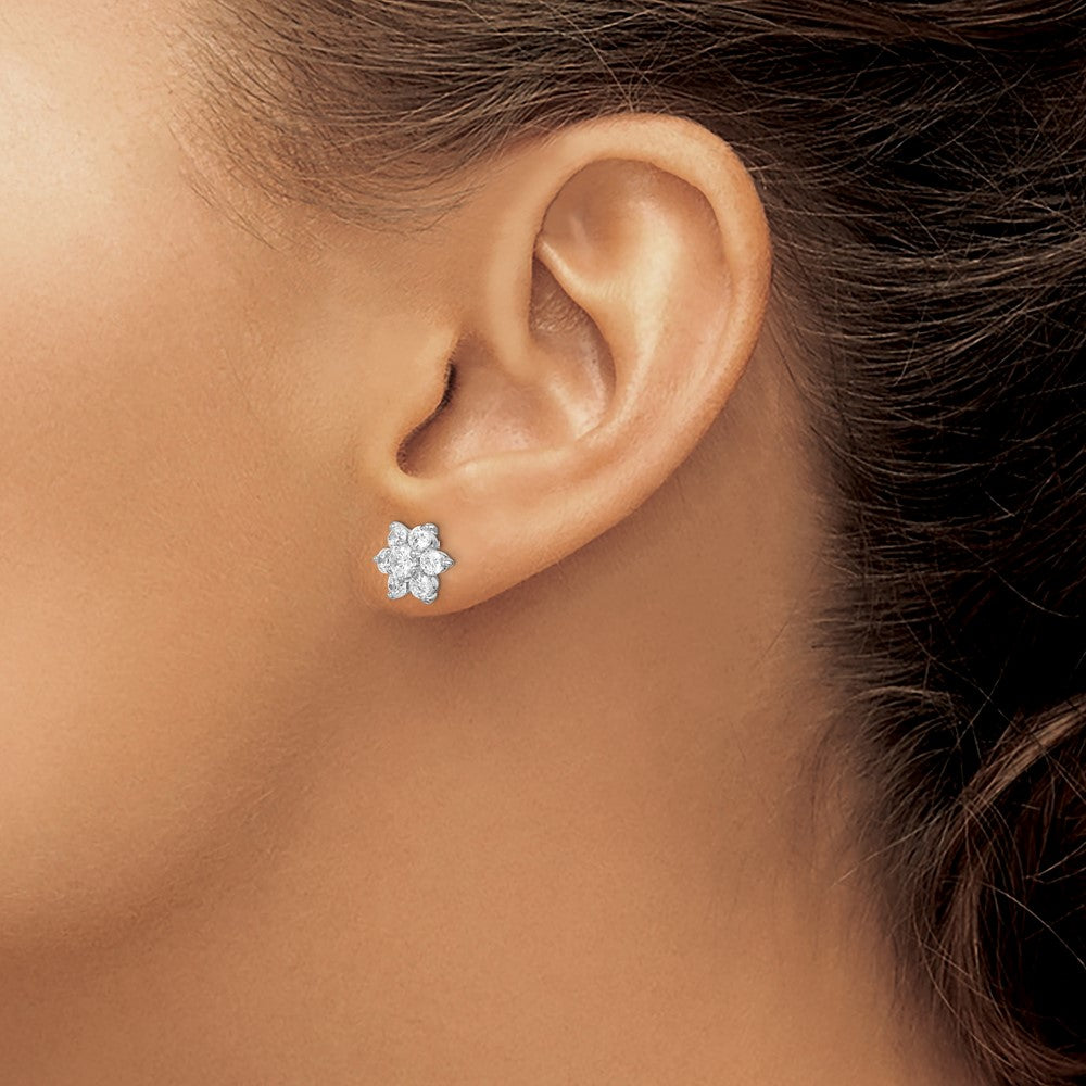 Sterling Silver Rhodium Plated Cz Post Flower Earrings