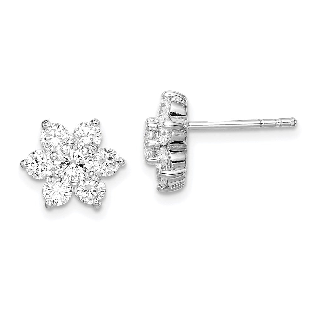 Sterling Silver Rhodium Plated Cz Post Flower Earrings
