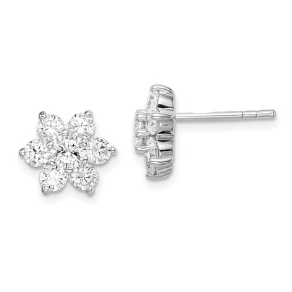 Sterling Silver Rhodium Plated Cz Post Flower Earrings