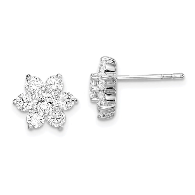 Sterling Silver Rhodium Plated Cz Post Flower Earrings
