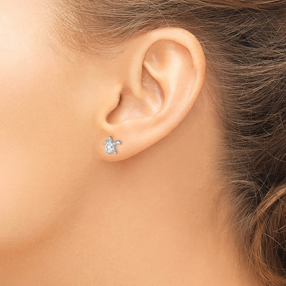 Sterling Silver Rhodium Plated Cz Turtle Post Earrings