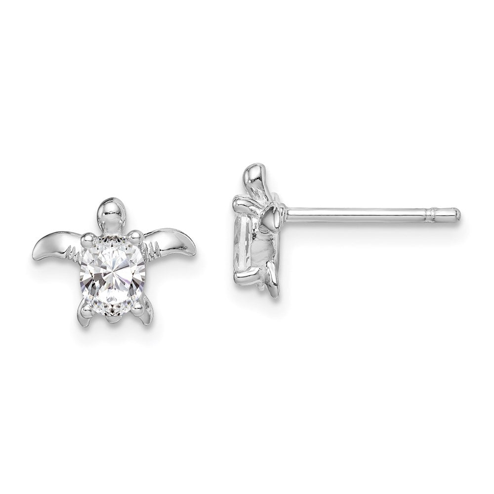 Sterling Silver Rhodium Plated Cz Turtle Post Earrings