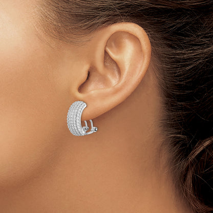 Sterling Silver Rhodium-Plated Cz 5-Row Omega Back C-Hoop Earrings