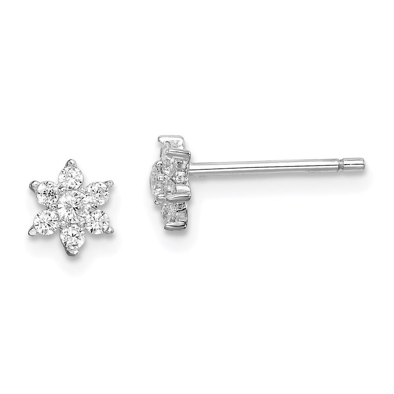 Sterling Silver Rhodium-Plated Cz Flower Post Earrings