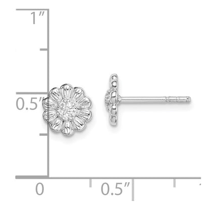 Sterling Silver Rhod-Plated Polished & Textured Cz Flower Post Earrings